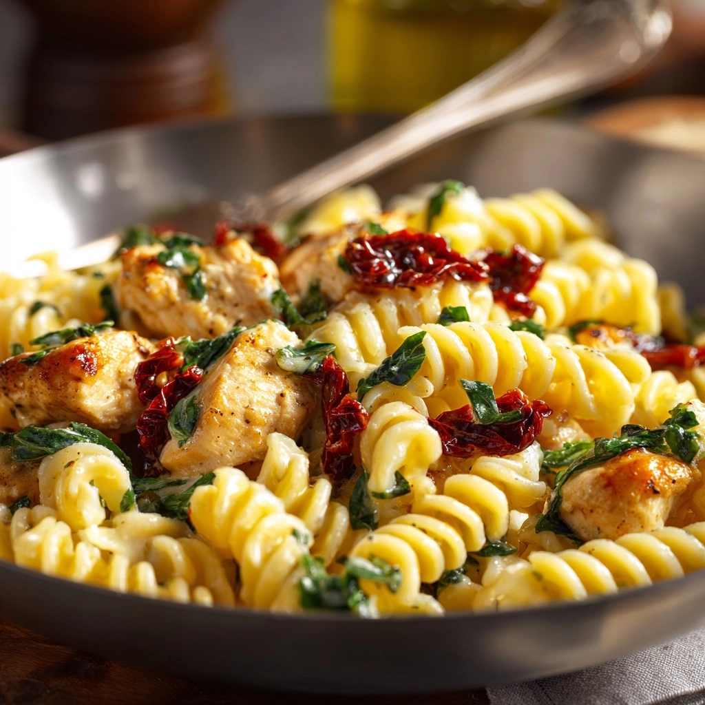 One-Pot Creamy Sun Dried Tomato Chicken Pasta Recipe - Recipe Image