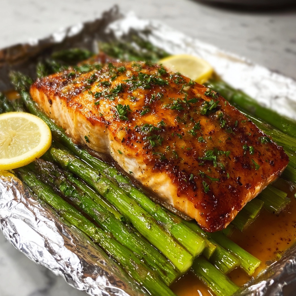 Garlic Butter Baked Salmon with Asparagus in Foil Recipe - Recipe Image