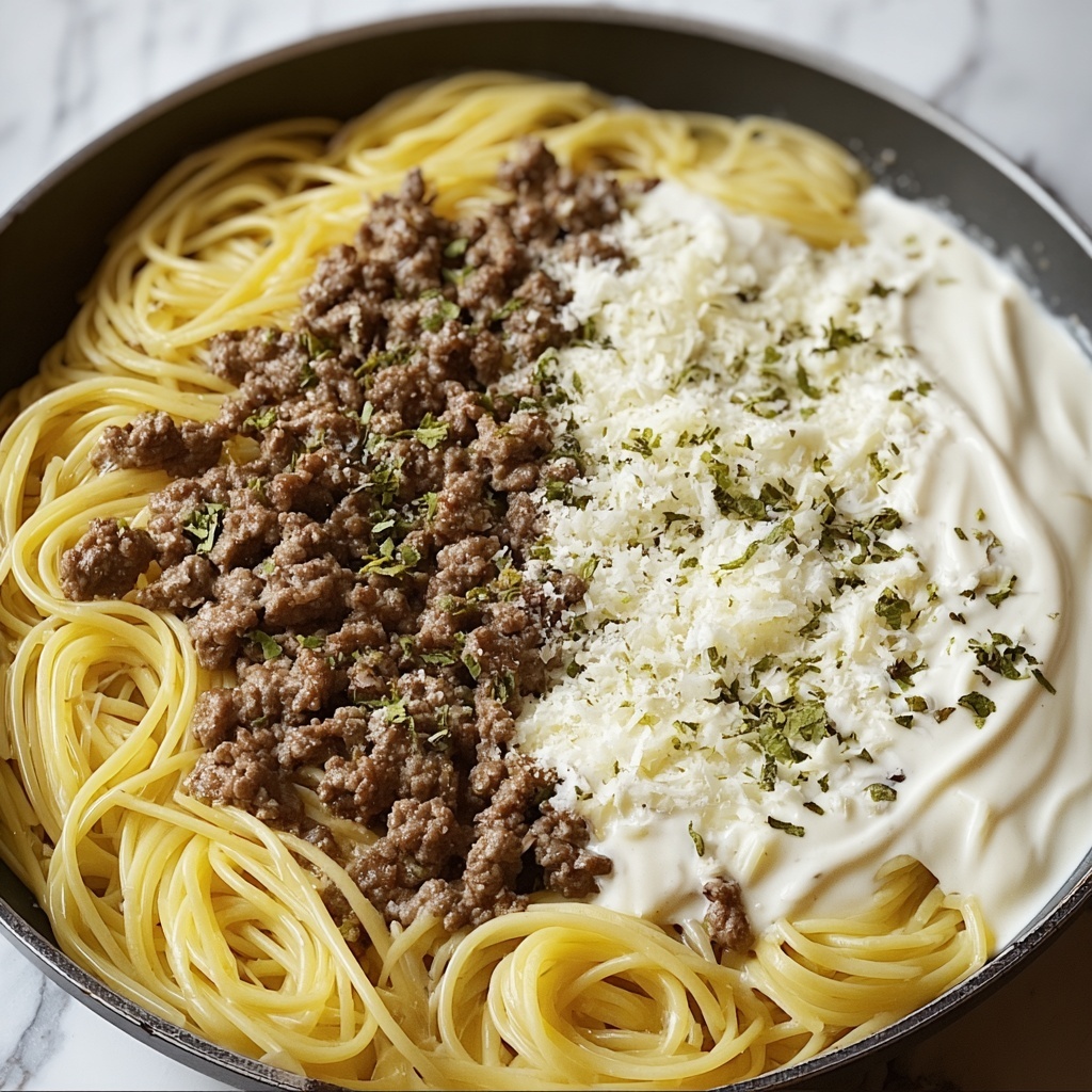 Cheesy Garlic Butter Linguine with Savory Ground Beef Recipe - Recipe Image
